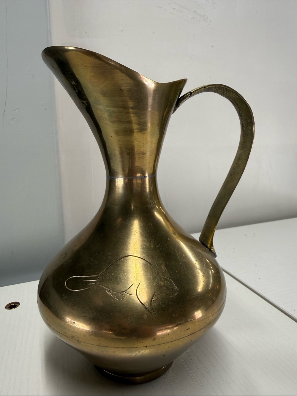 Antique-Style Brass Pitcher Vase With Etched Beaver Design